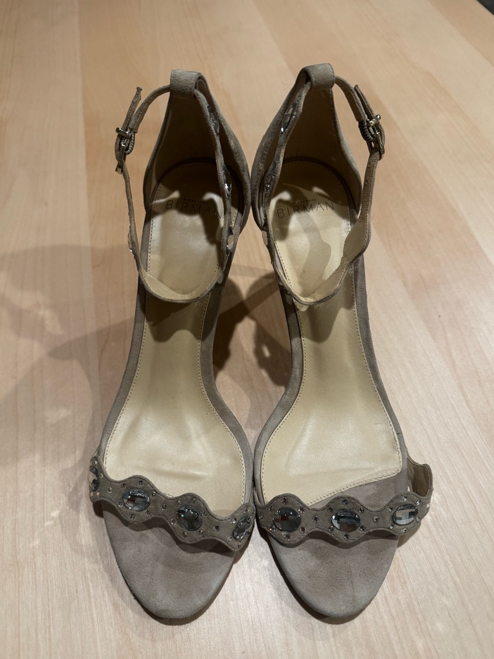 Alexandre Birman Tan Suede Ankle Strap Heels with Embellishments